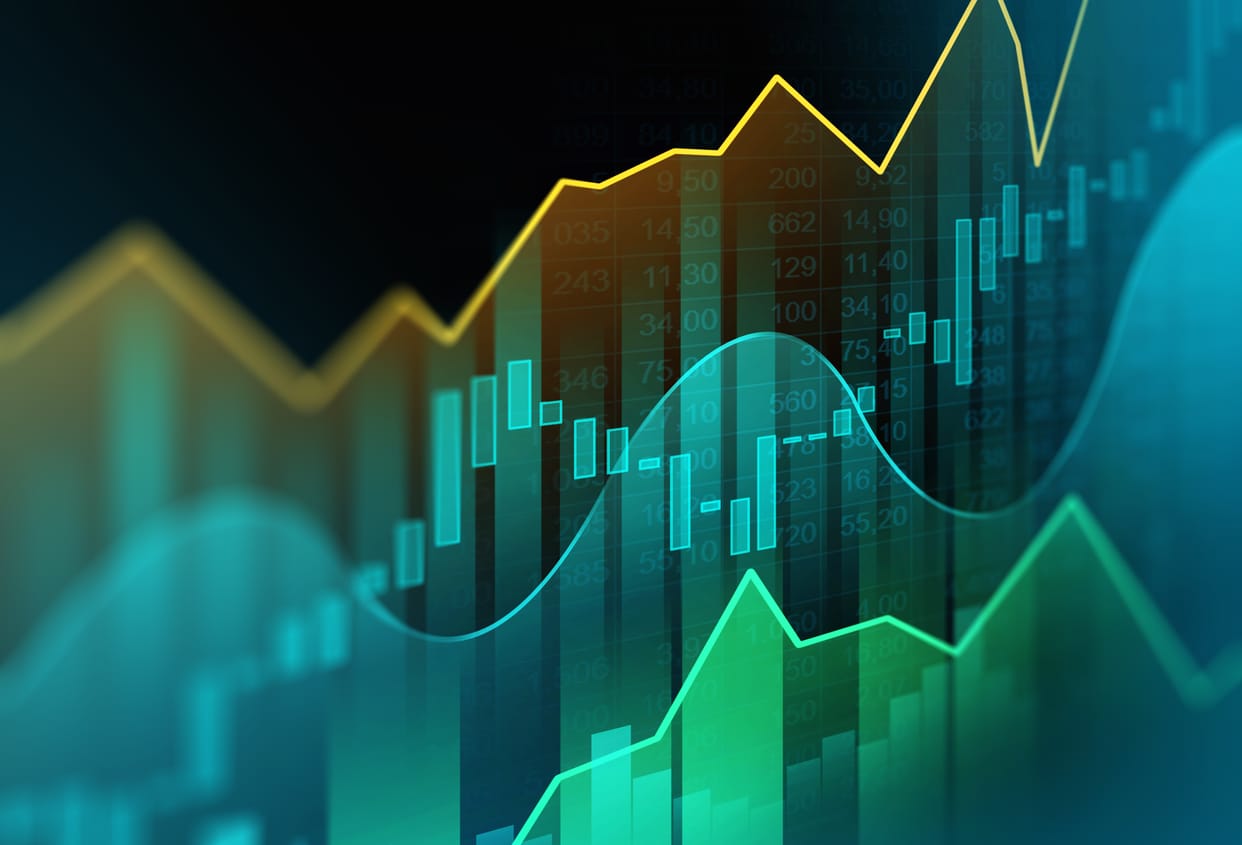 A glowing financial chart of rising lines and bars