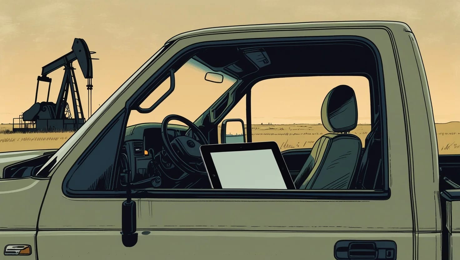 Illustration of a tablet on the seat of a pickup truck parked beside a pumpjack