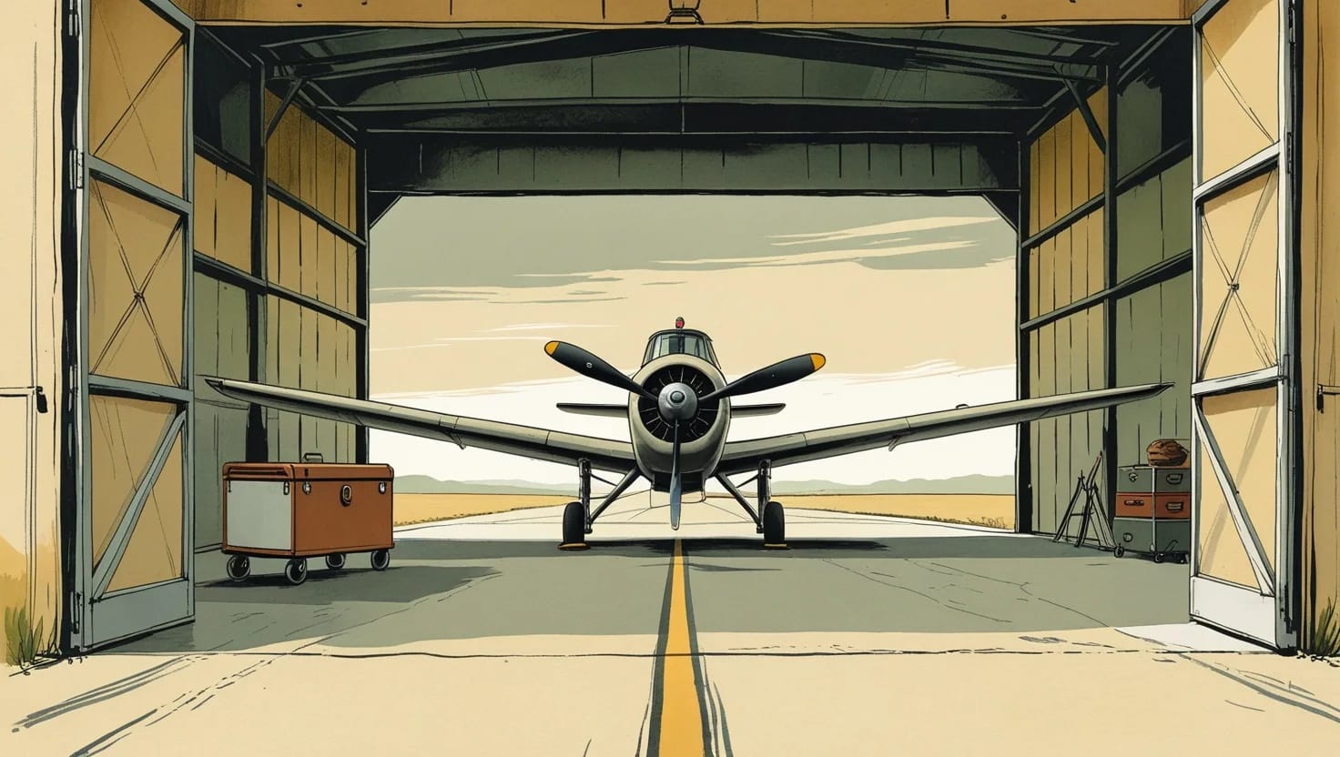 A small propeller plane in an open hangar facing the runway