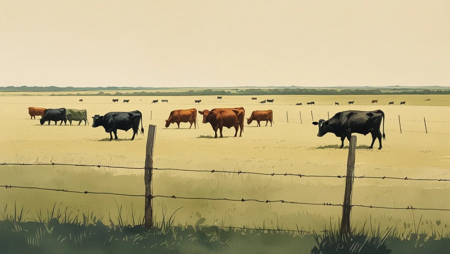 Cattle grazing on an open pasture behind a long wire fence