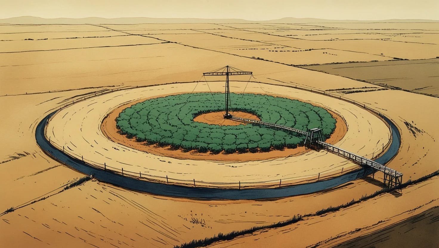 A center-pivot irrigation circle of green crops in dry farmland