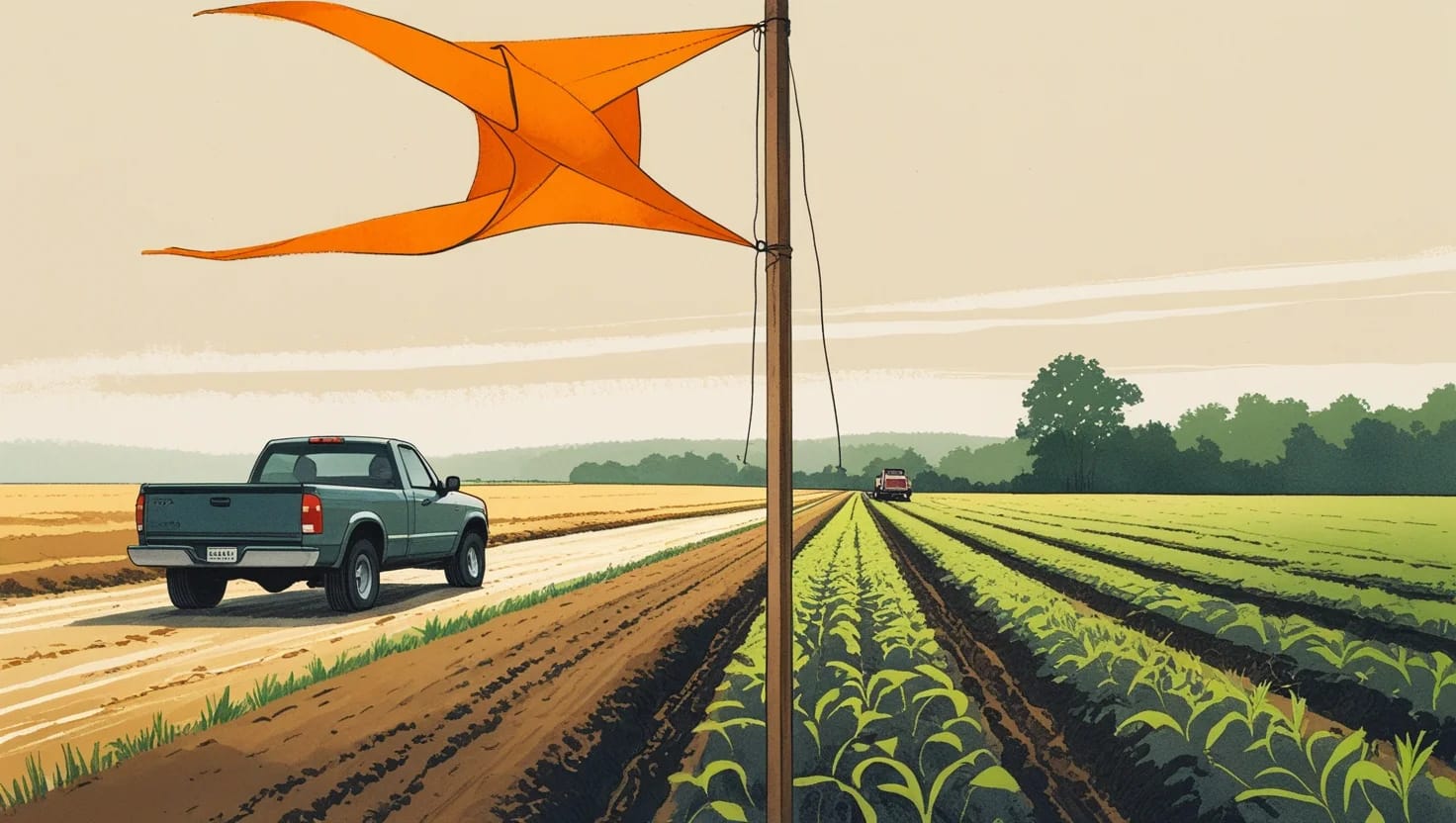 An orange windsock blowing out over young crop rows, a pickup on the farm road beside it