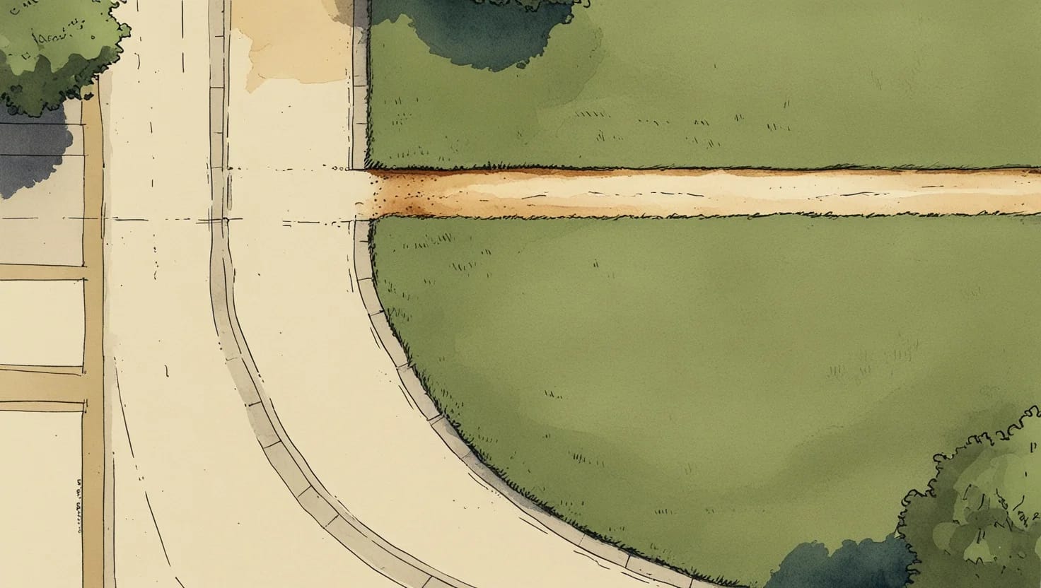 A park lawn where a worn dirt shortcut cuts straight across the grass beside the paved path that curves around it