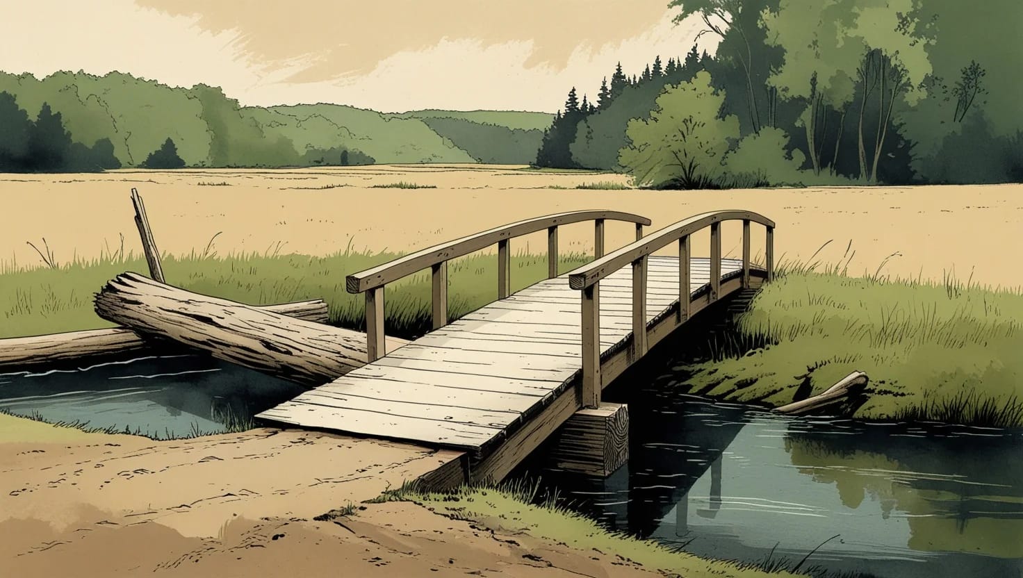 A new wooden footbridge over a creek, the old fallen-log crossing left beside it