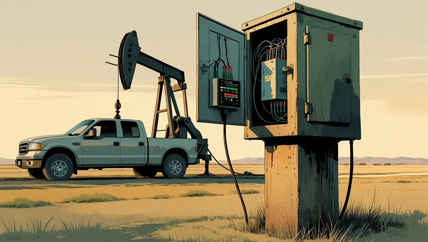 Illustration of an open control cabinet beside an oilfield pumpjack, a pickup truck parked on the lease road