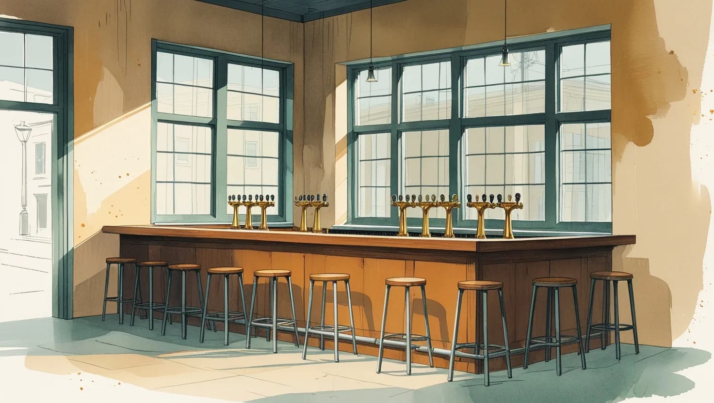 Illustration of a craft brewery tasting room in late afternoon light, a wooden bar with a row of brass tap handles