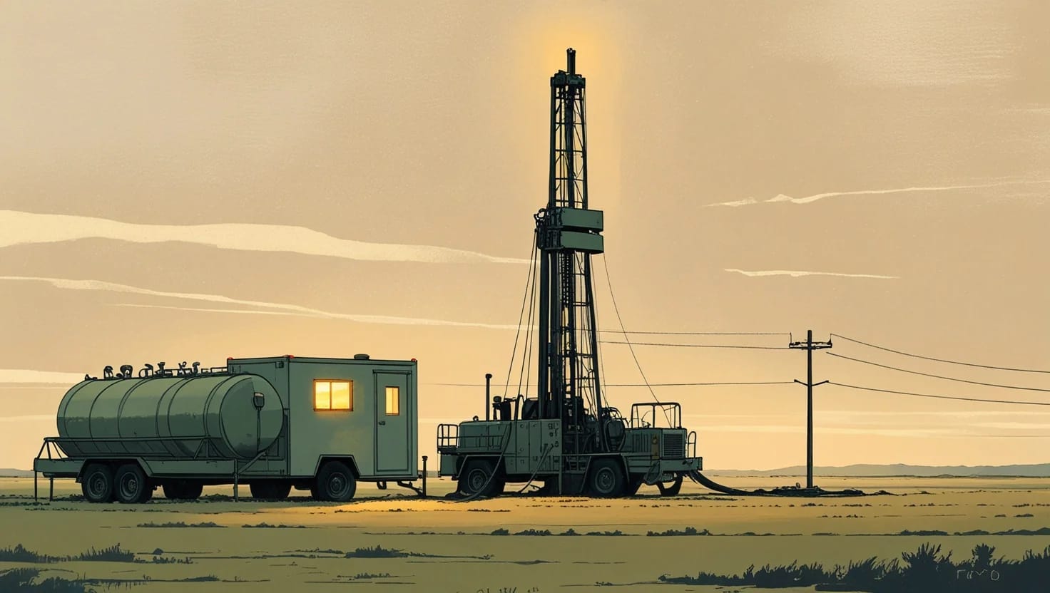 Illustration of a drilling rig at dusk beside a field office trailer with a lit window