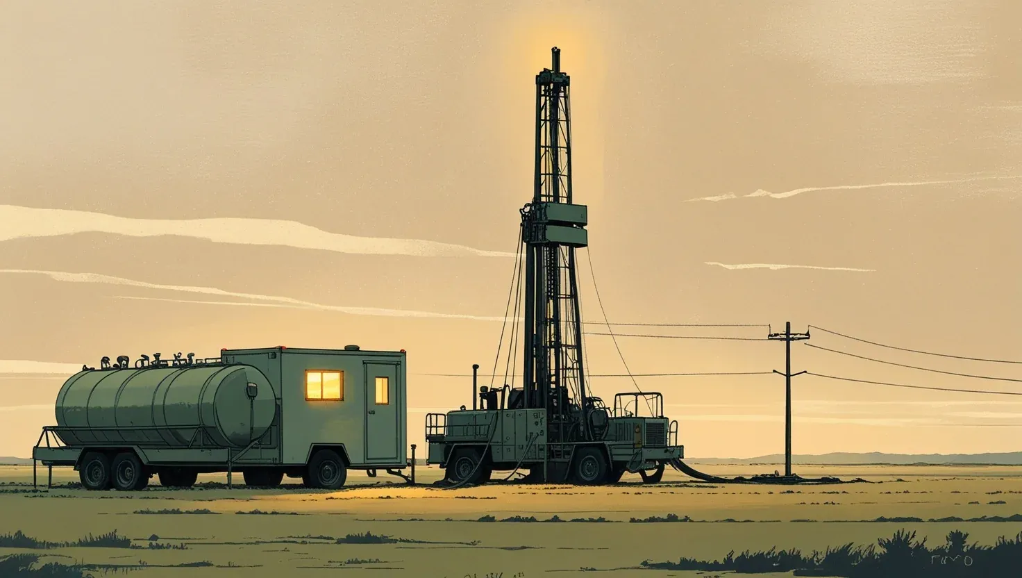 Illustration of a drilling rig at dusk beside a field office trailer with a lit window