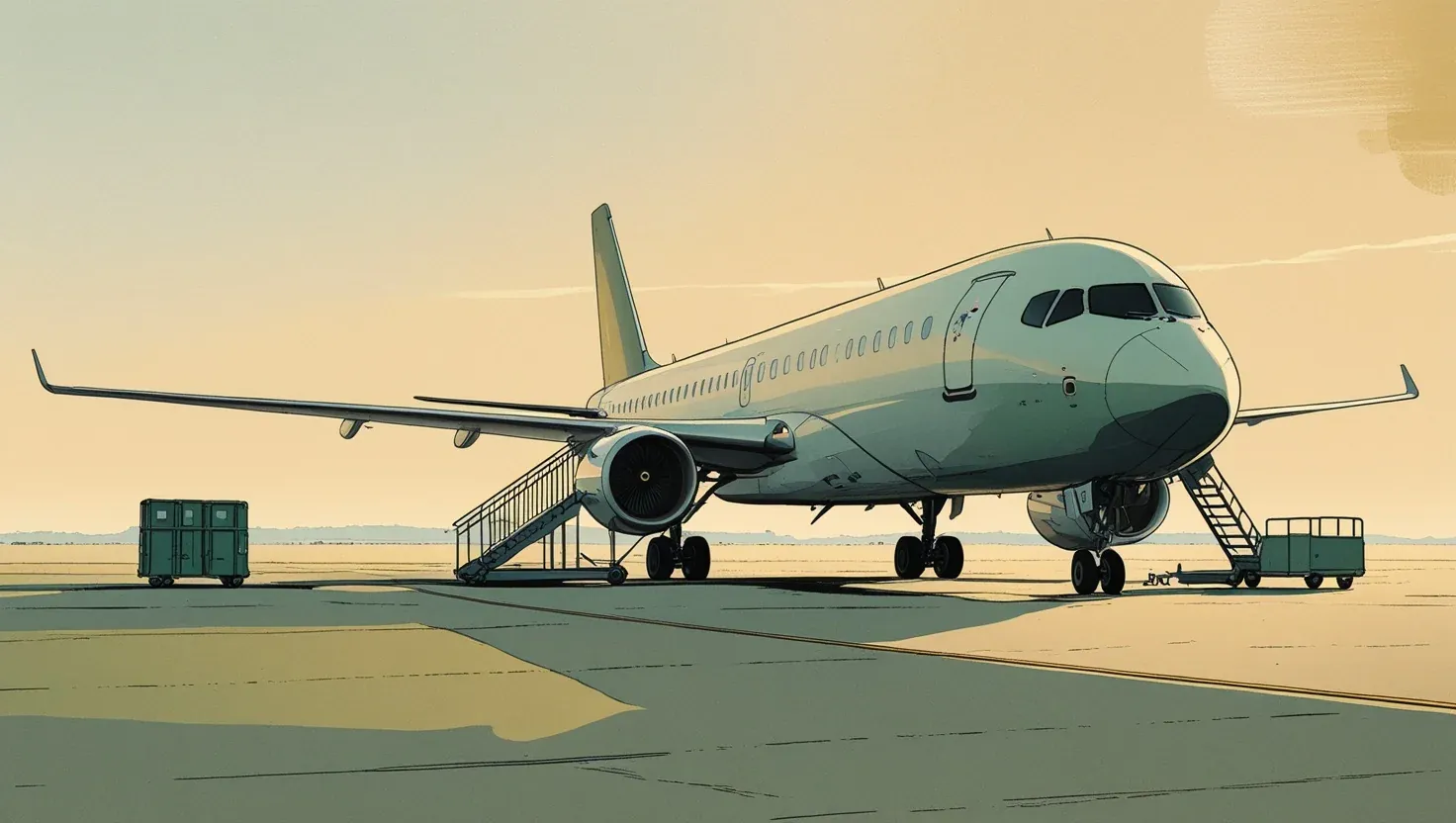 Illustration of a passenger jet on a quiet airport apron at dawn, a boarding stairway beside it