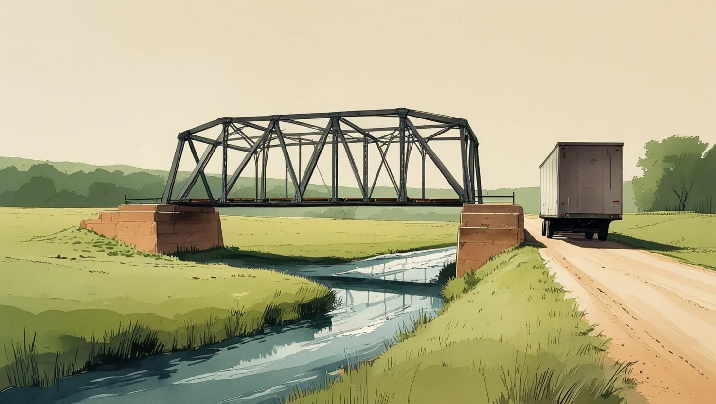 Illustration of a short steel truss bridge over a creek on the Oklahoma plains, a truck parked on the gravel road beside it