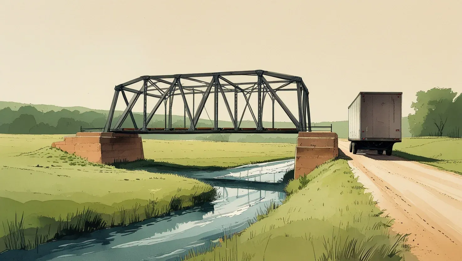 Illustration of a short steel truss bridge over a creek on the Oklahoma plains, a truck parked on the gravel road beside it
