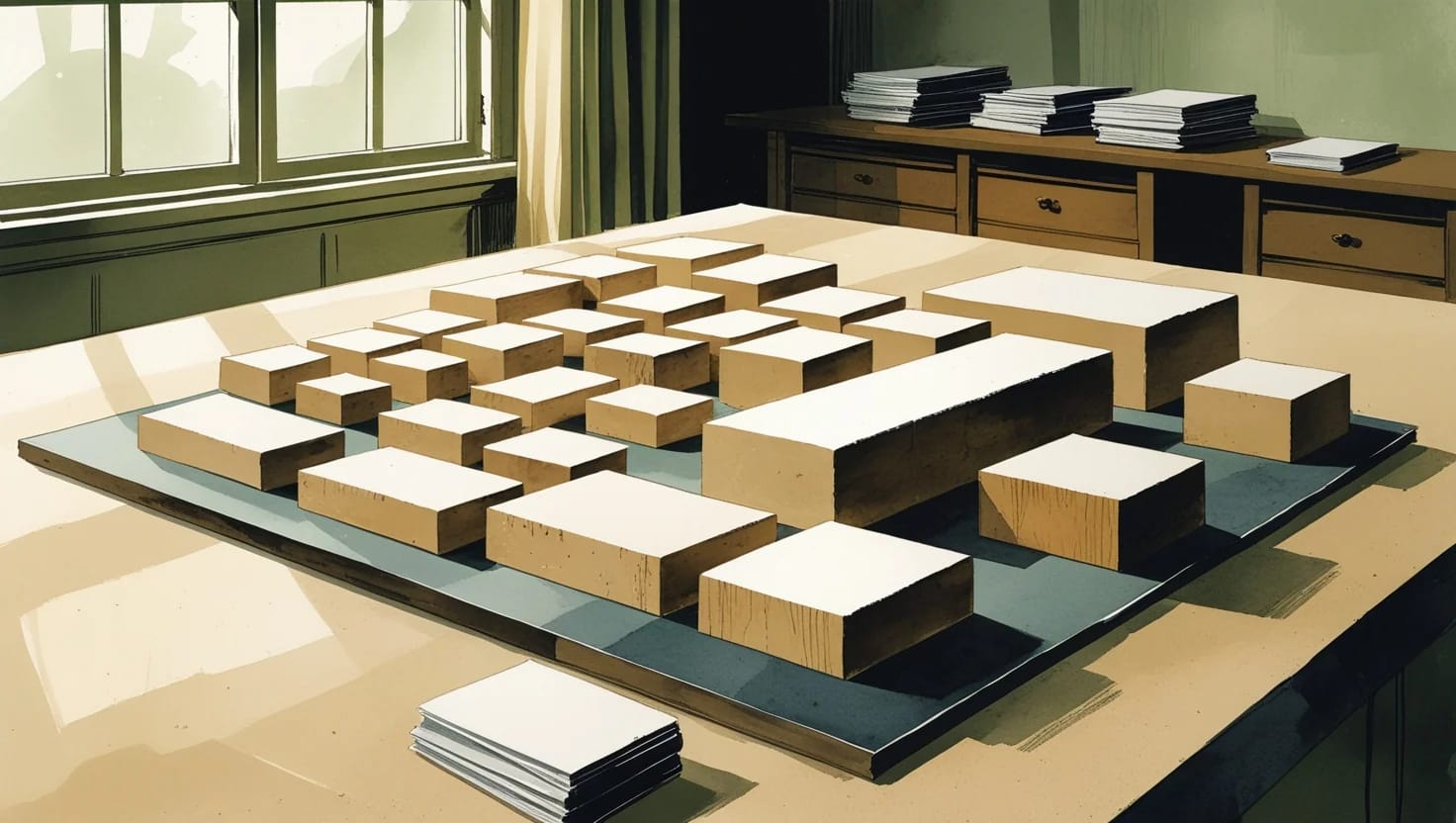 Illustration of wooden blocks arranged into a grid on a drafting table beside a stack of bound reports