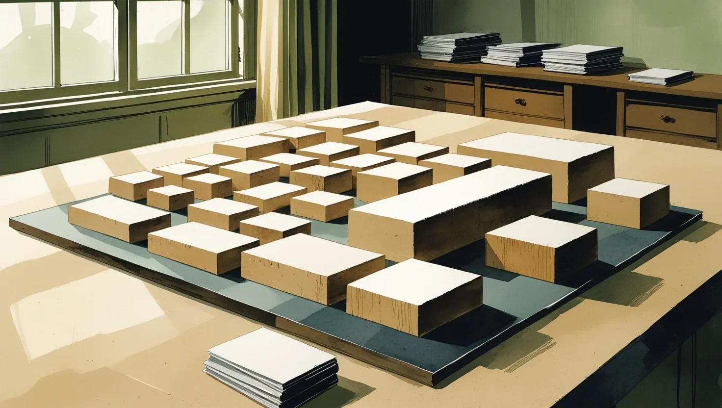 Illustration of wooden blocks arranged into a grid on a drafting table beside a stack of bound reports