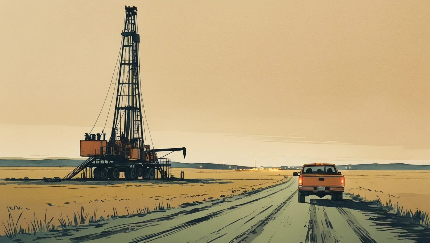 Illustration of a pickup truck leaving a drilling rig down a dirt lease road at dusk