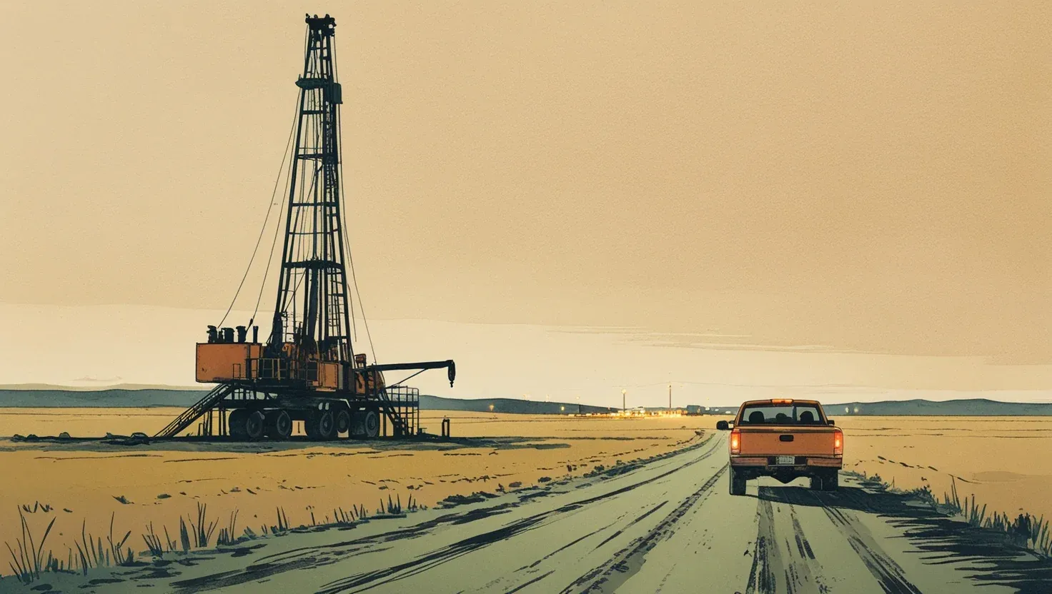 Illustration of a pickup truck leaving a drilling rig down a dirt lease road at dusk