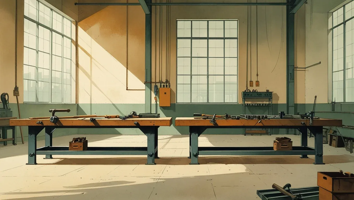 Illustration of two workbenches pushed together in a sunlit workshop