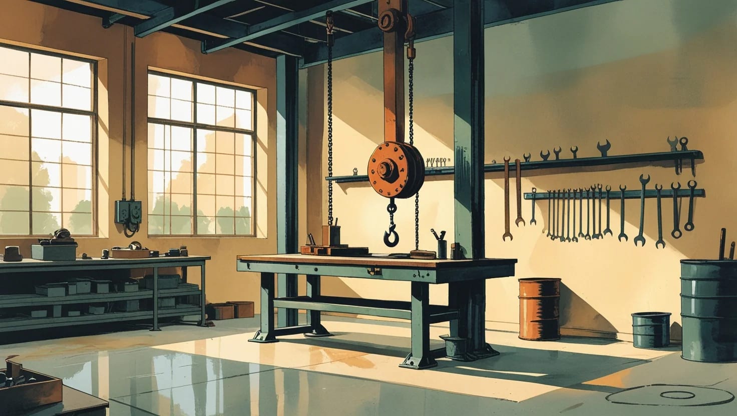 Illustration of a quiet repair workshop with a workbench under a chain hoist