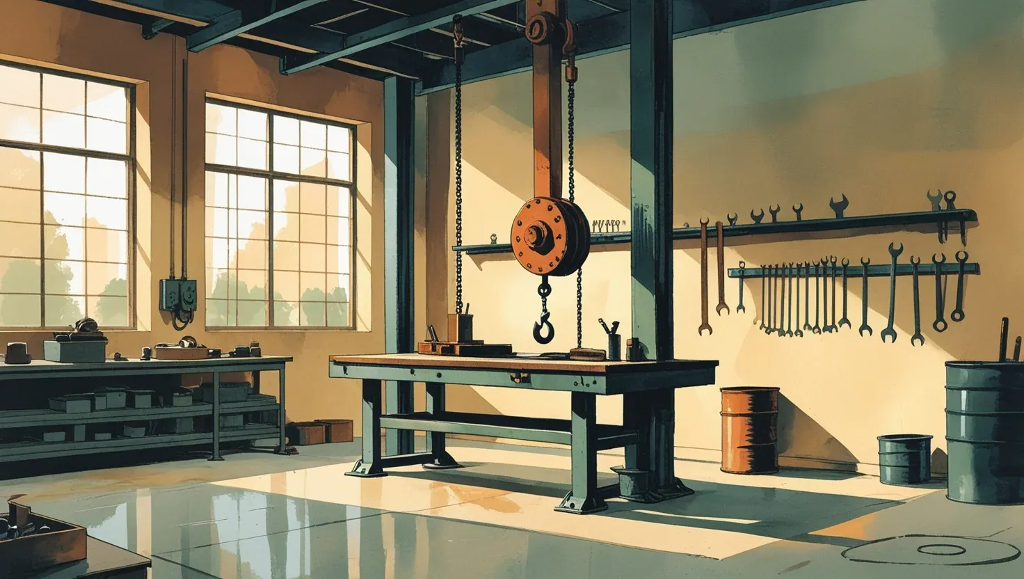 Illustration of a quiet repair workshop with a workbench under a chain hoist