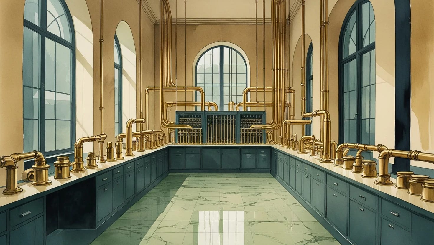 Illustration of brass pneumatic tubes converging on one central station in an old bank’s back office