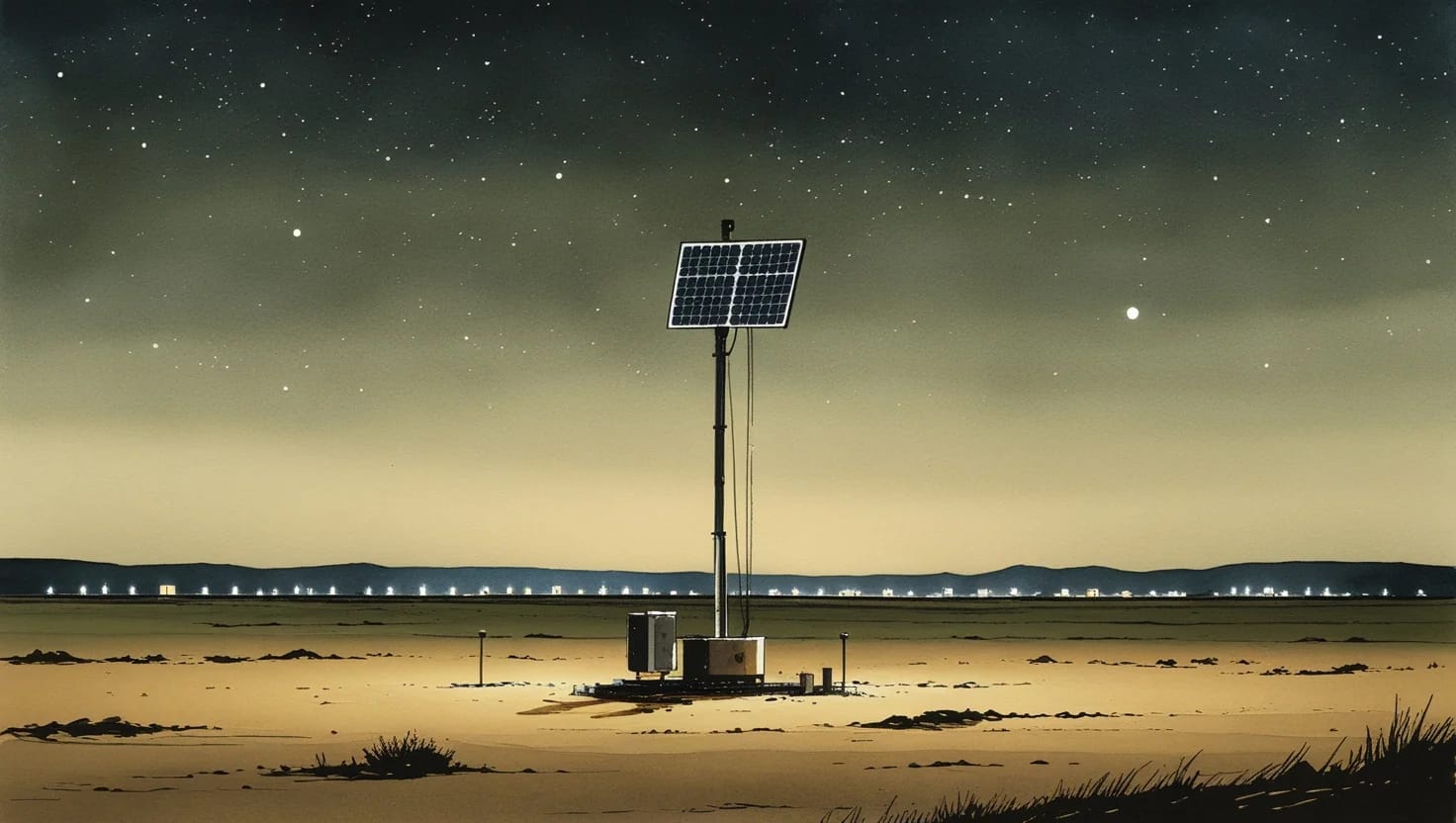 Illustration of a solar-powered camera mast watching over a remote wellsite at night