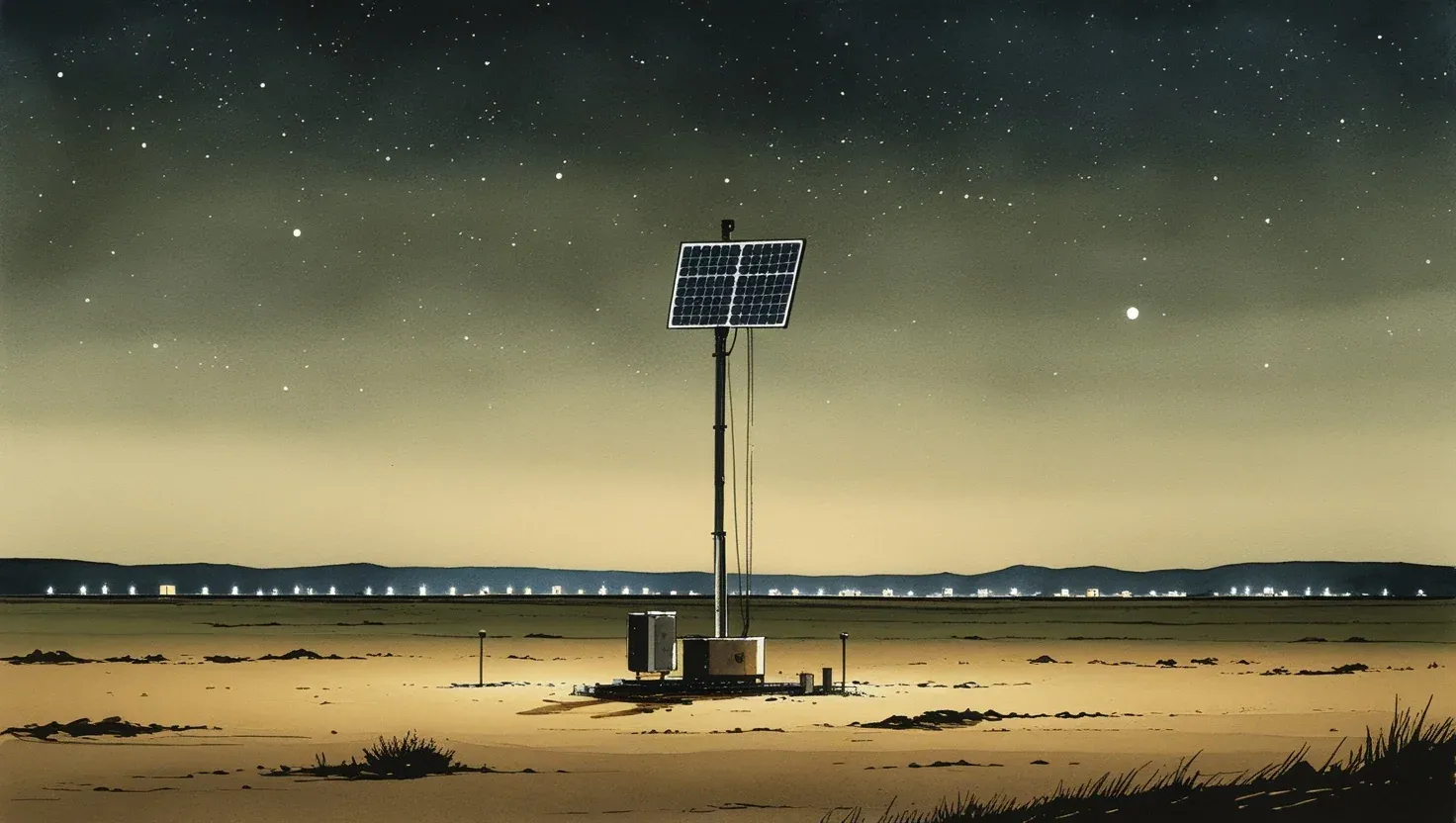 Illustration of a solar-powered camera mast watching over a remote wellsite at night