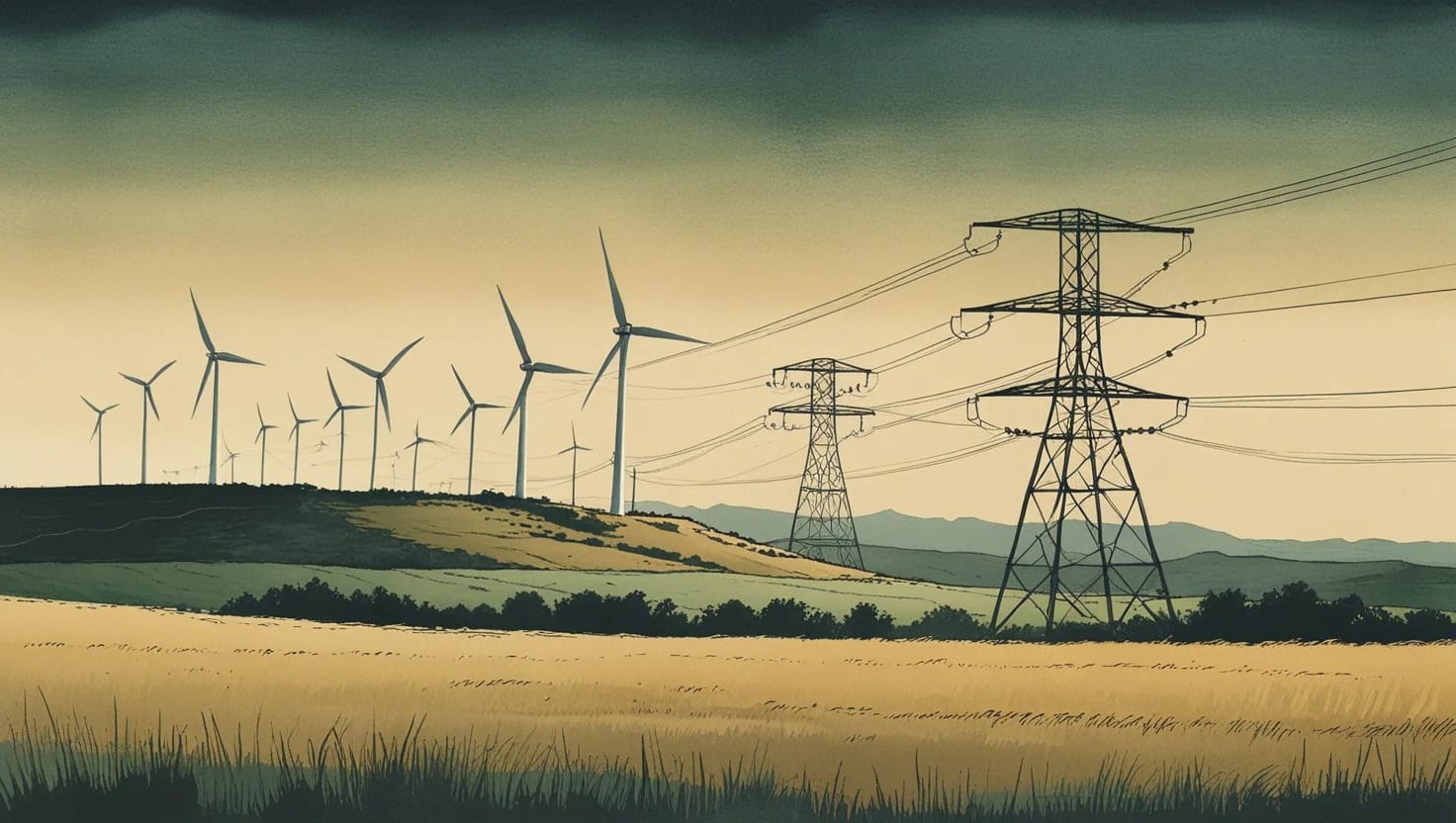 Wind turbines on a ridge above the plains, transmission towers crossing the prairie