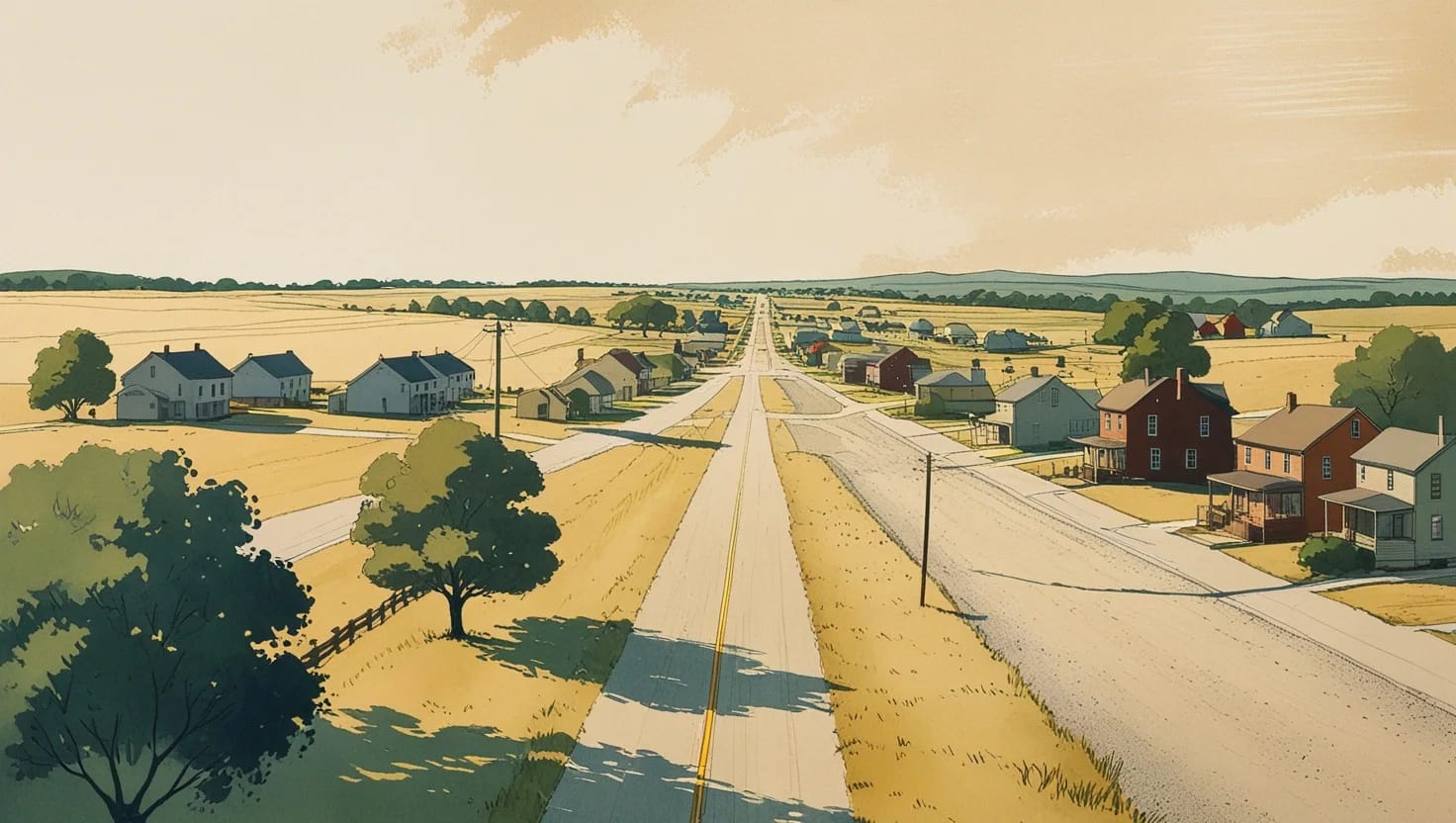 A small plains town on an orderly street grid, seen from a hilltop, with open lots at its edge