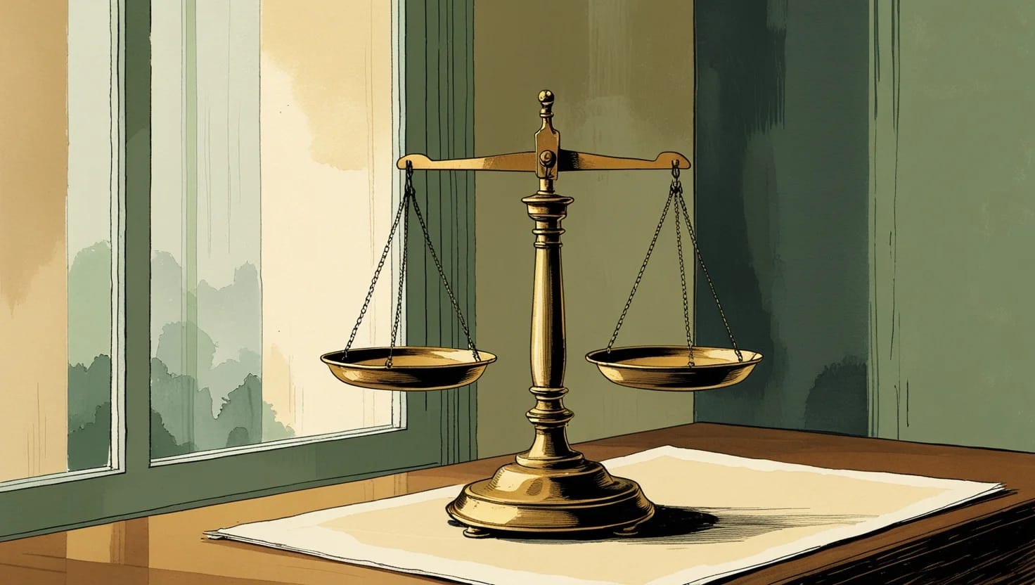 A brass balance scale standing level on a desk by a tall window