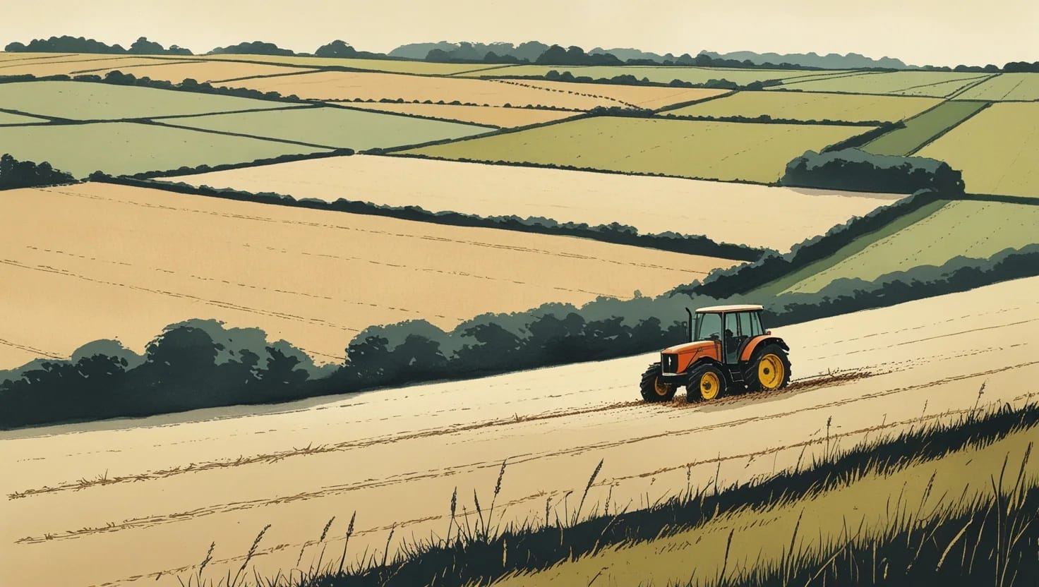 A tractor working one field in a patchwork of farmland, the neighbouring fields left in grass
