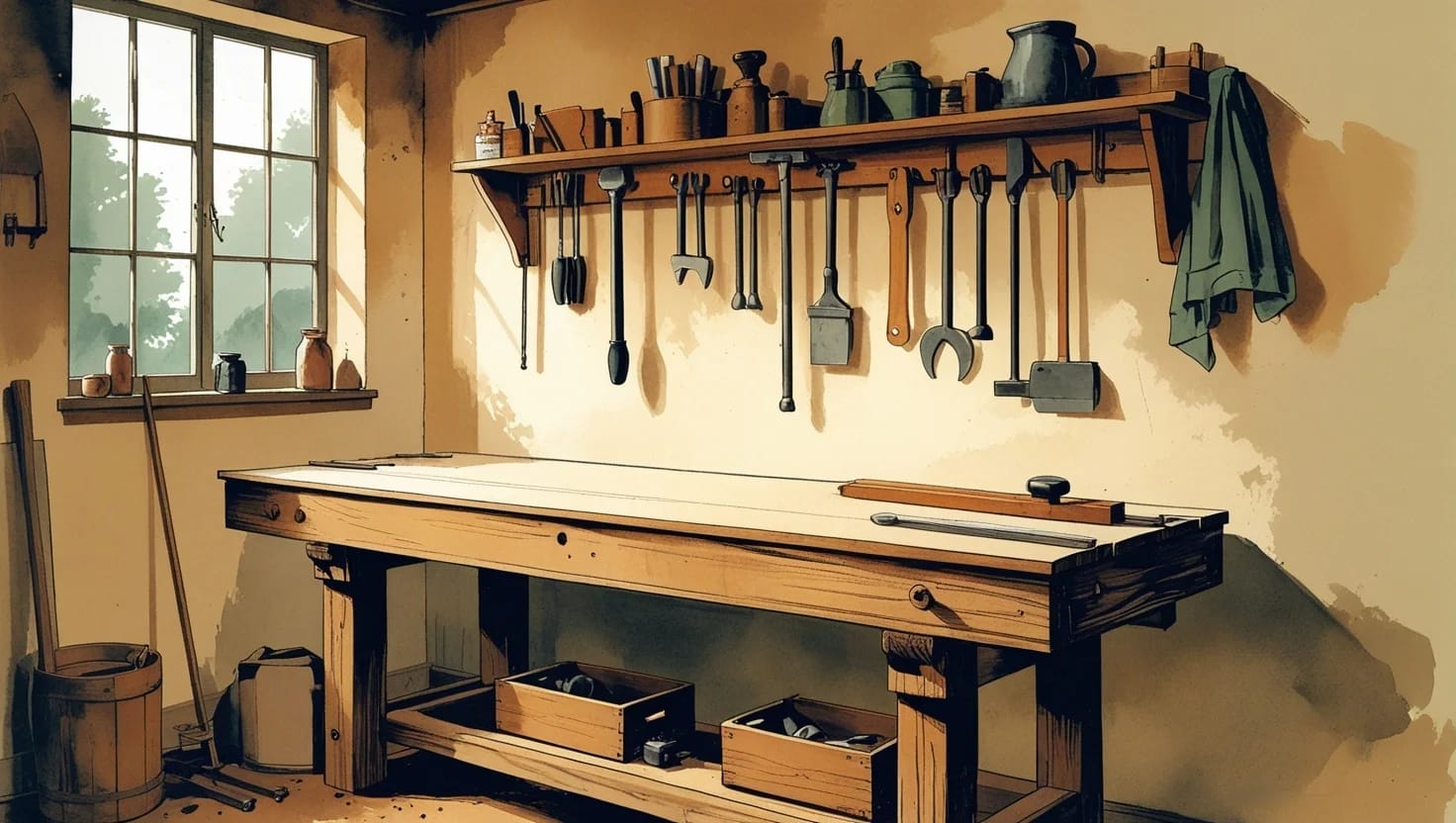 A wooden workbench in a small workshop, hand tools hung in order on the wall