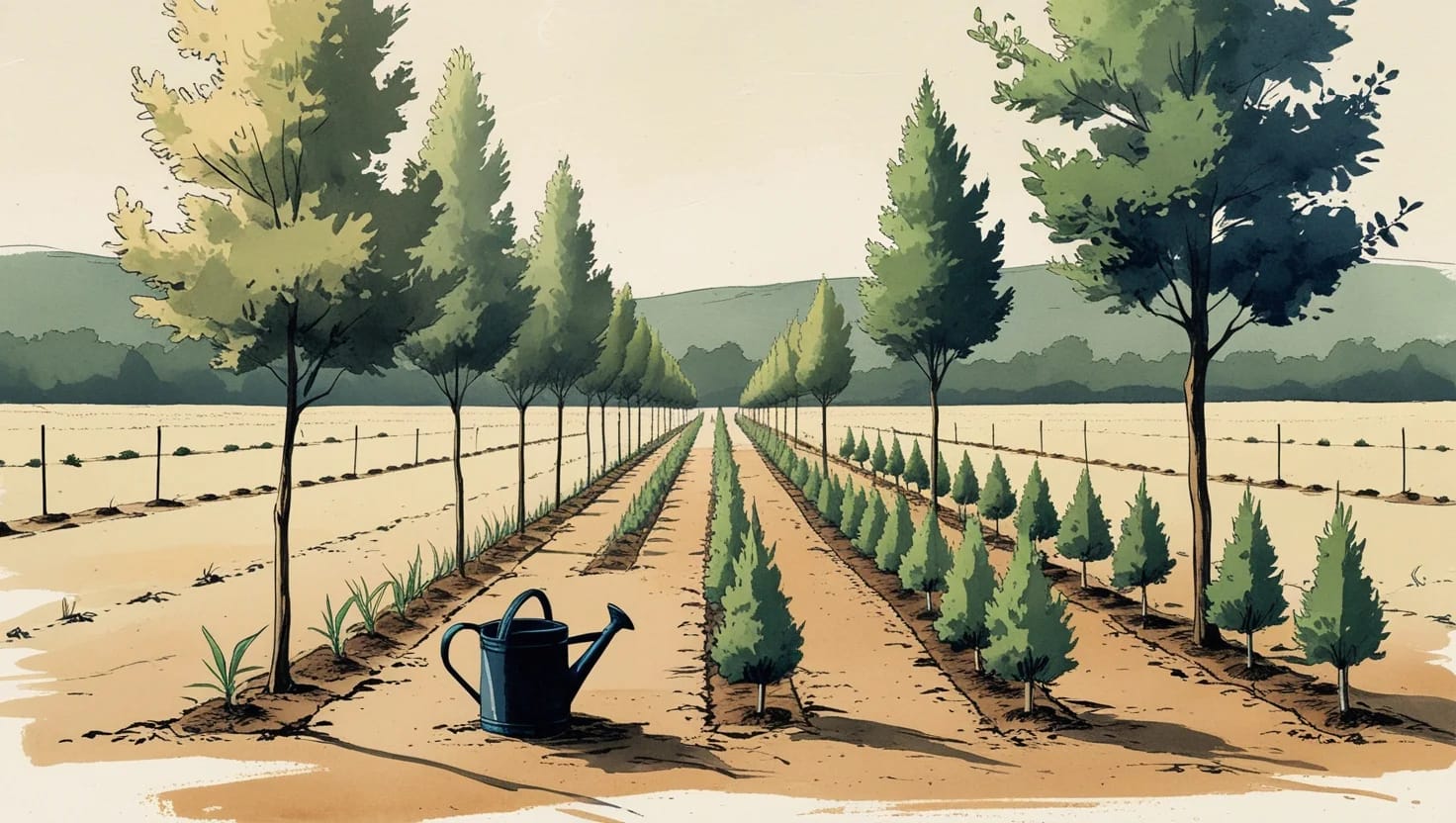 Rows of young saplings in a tree nursery, a watering can at the end of a row
