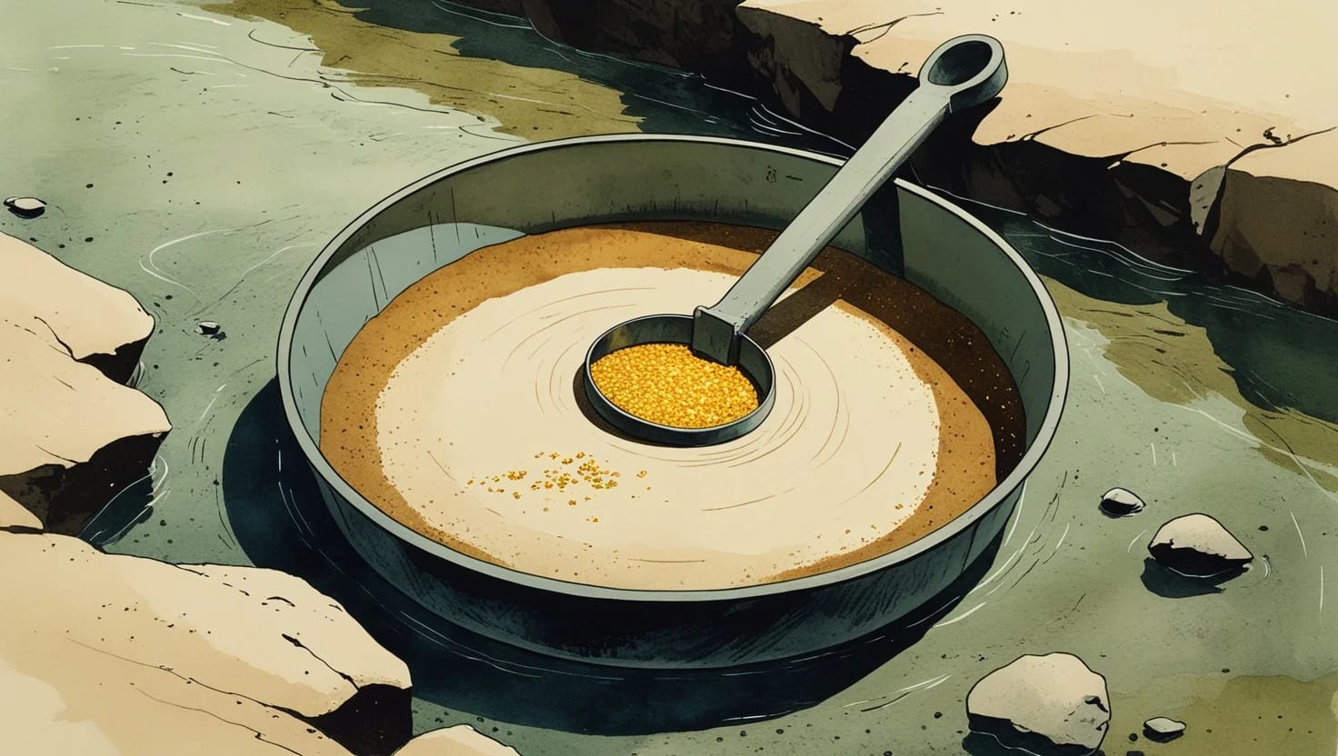 A miner’s pan in a clear creek, sand washed away and flecks of gold left behind