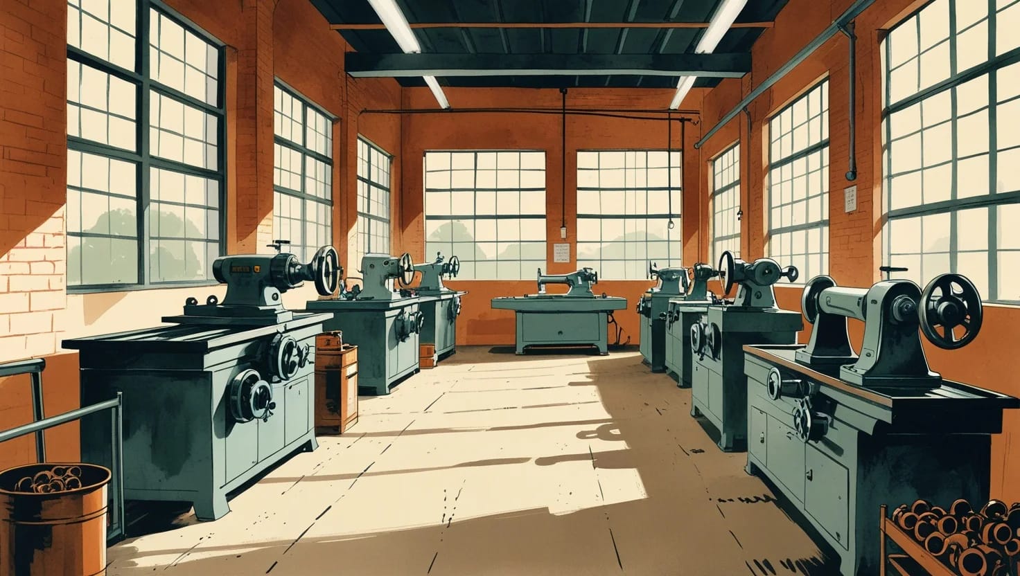 A sunlit brick machine shop with a row of lathes