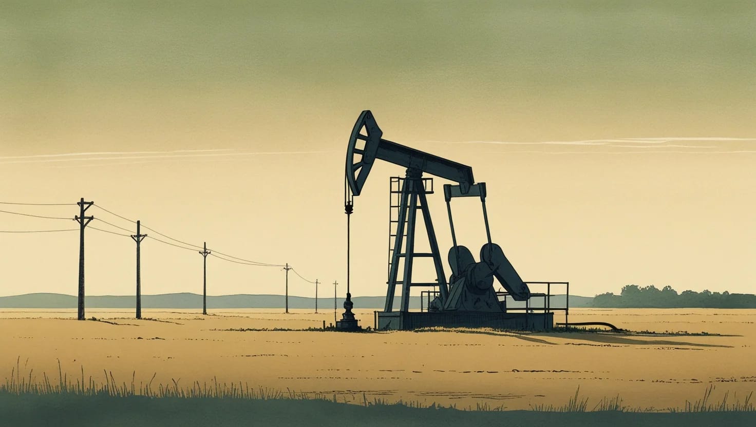 An oilfield pumpjack on a wide Oklahoma prairie at dawn