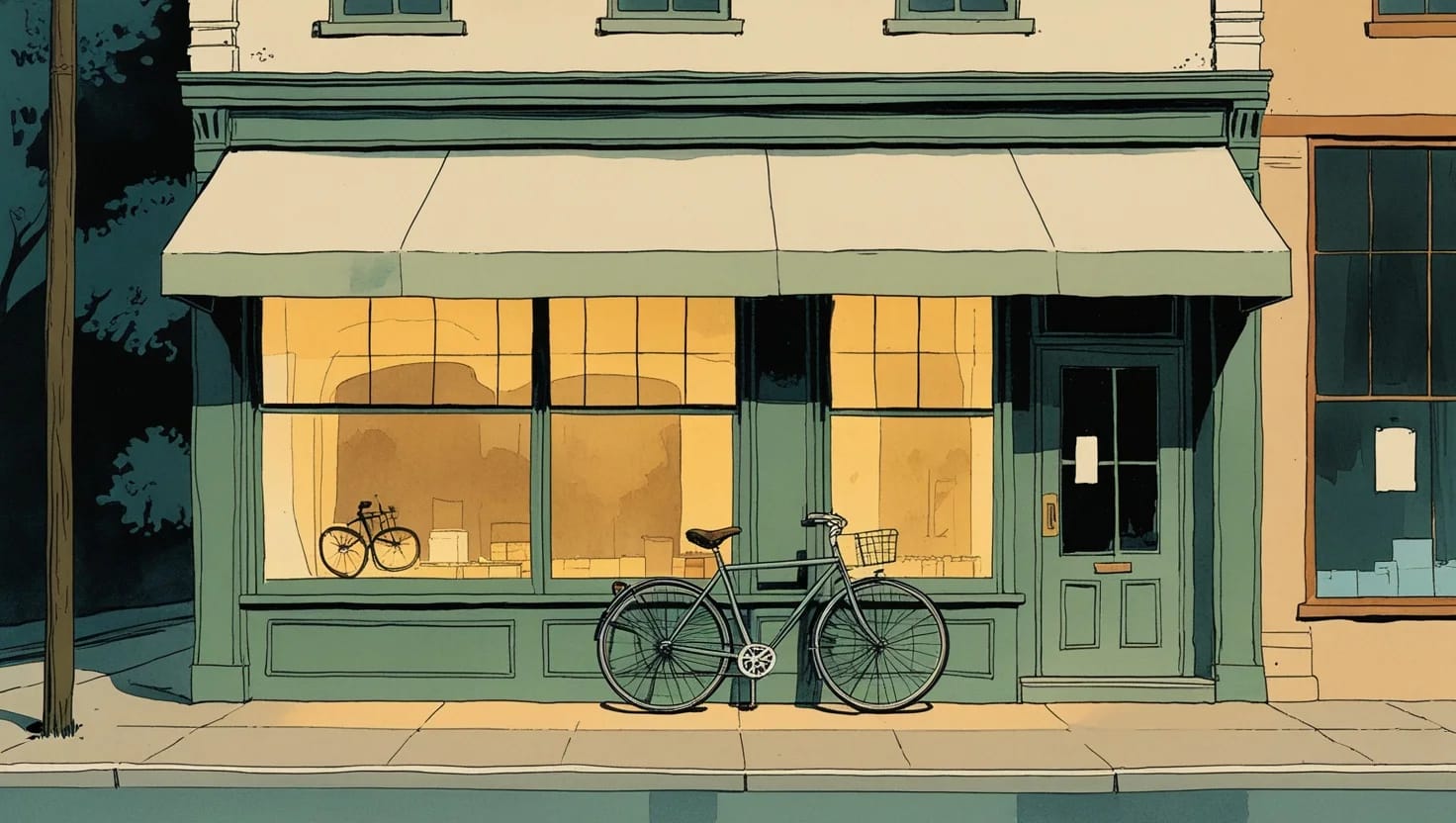 A small-town storefront at dusk, warm light in the windows and a bicycle outside