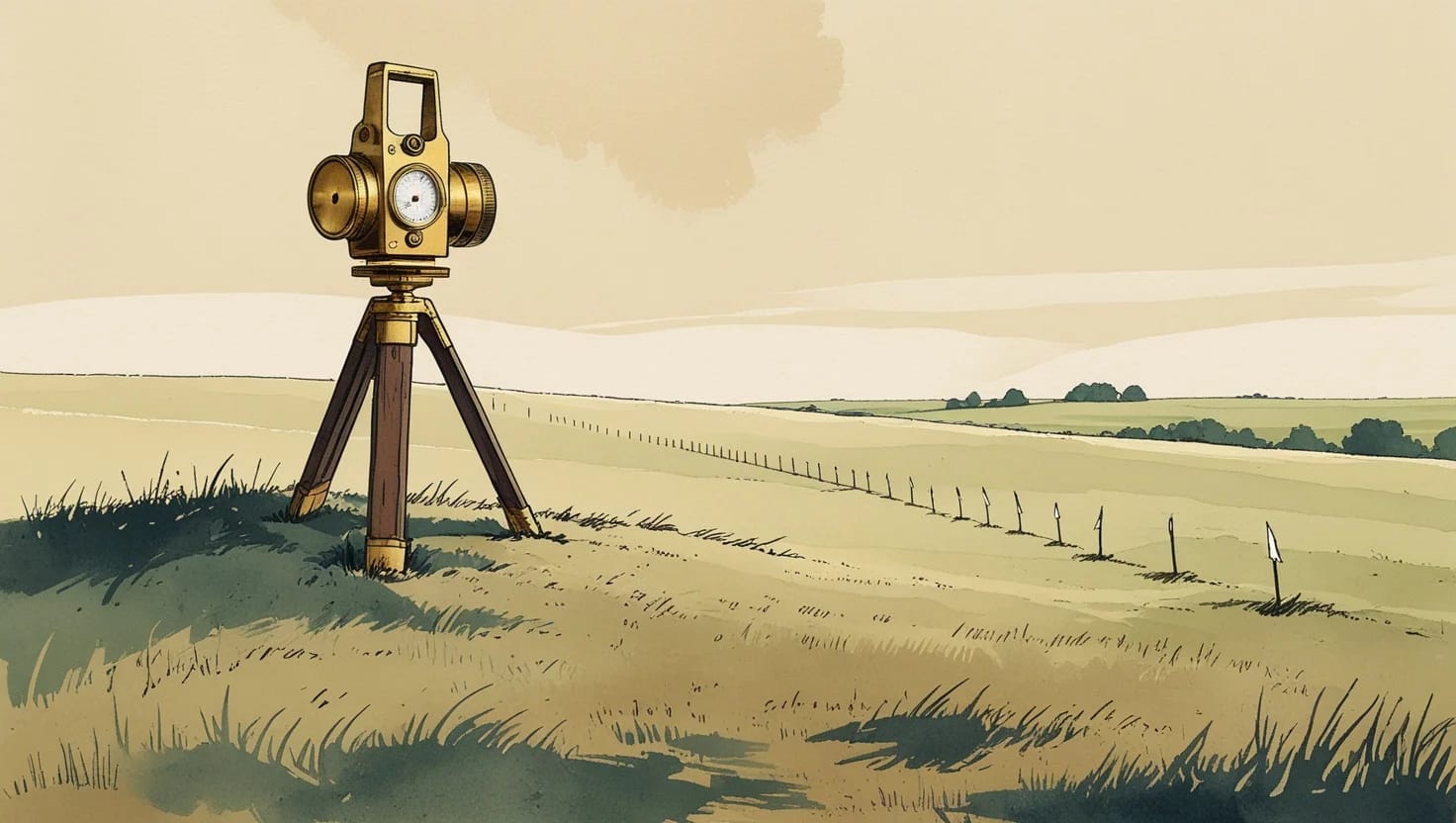 A brass surveyor’s transit on a tripod above a prairie, a line of flagged stakes running across the field