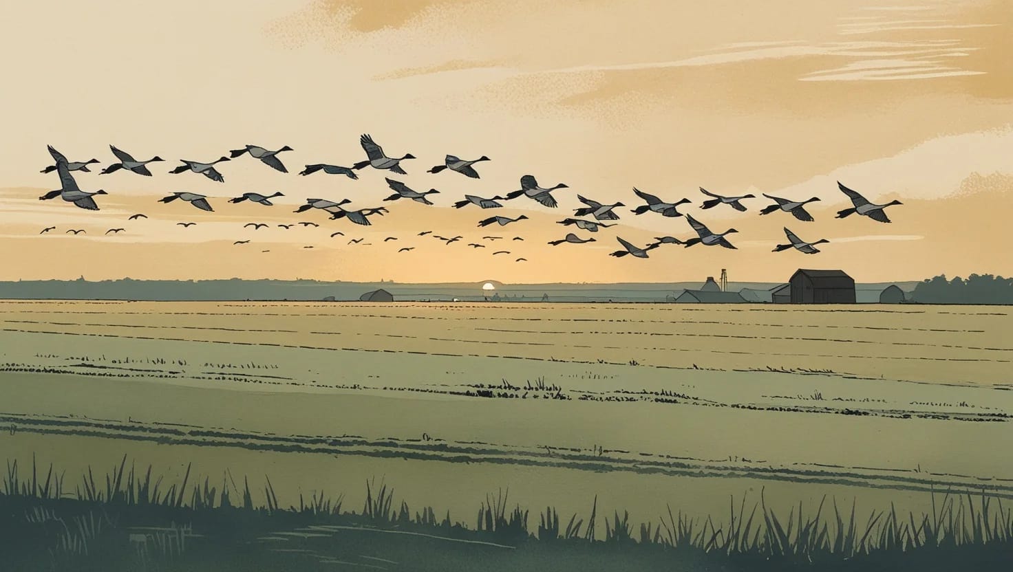 A flock of geese flying the same way over farmland at dawn