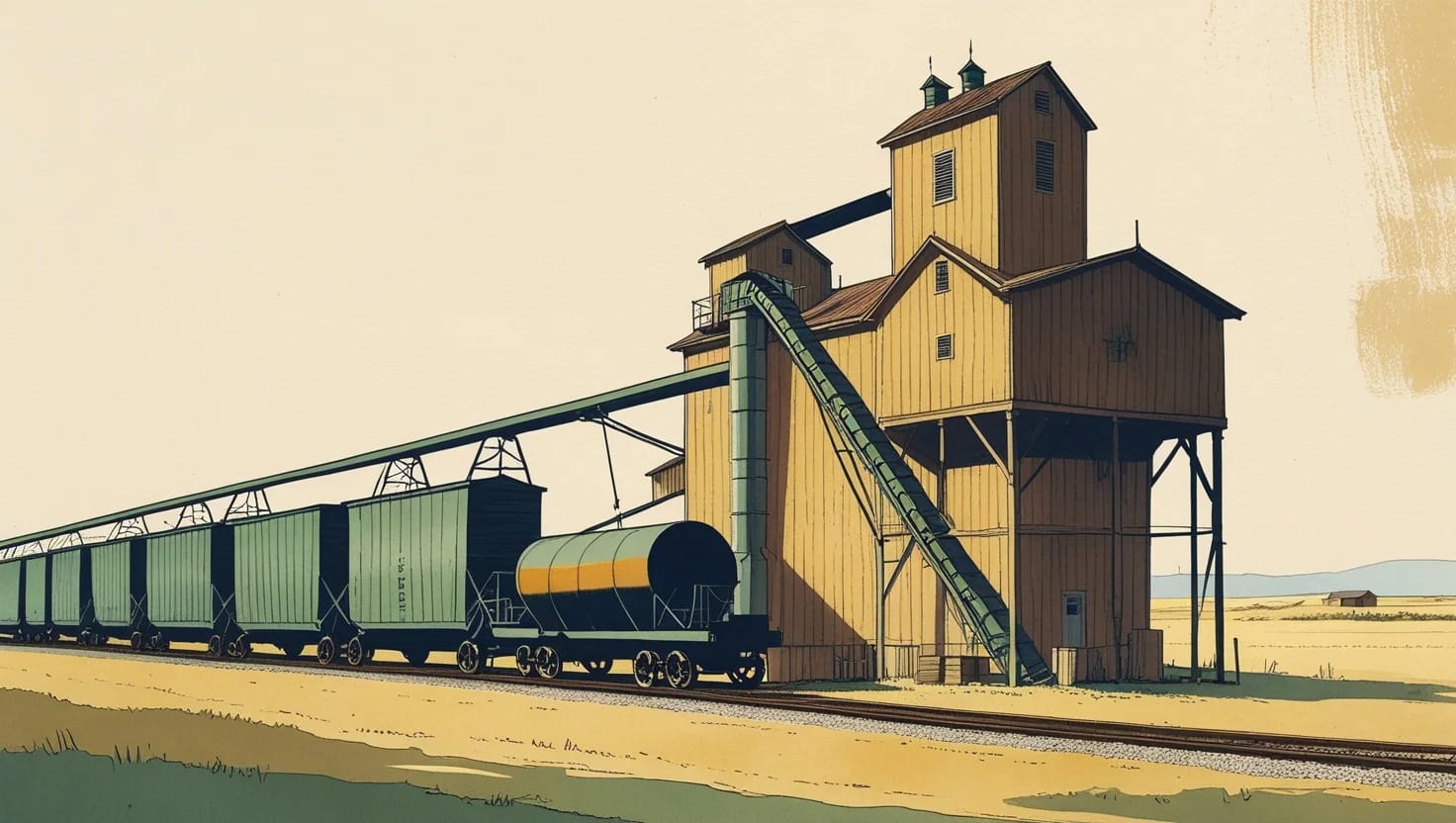A grain elevator loading rail cars on a siding in a small plains town