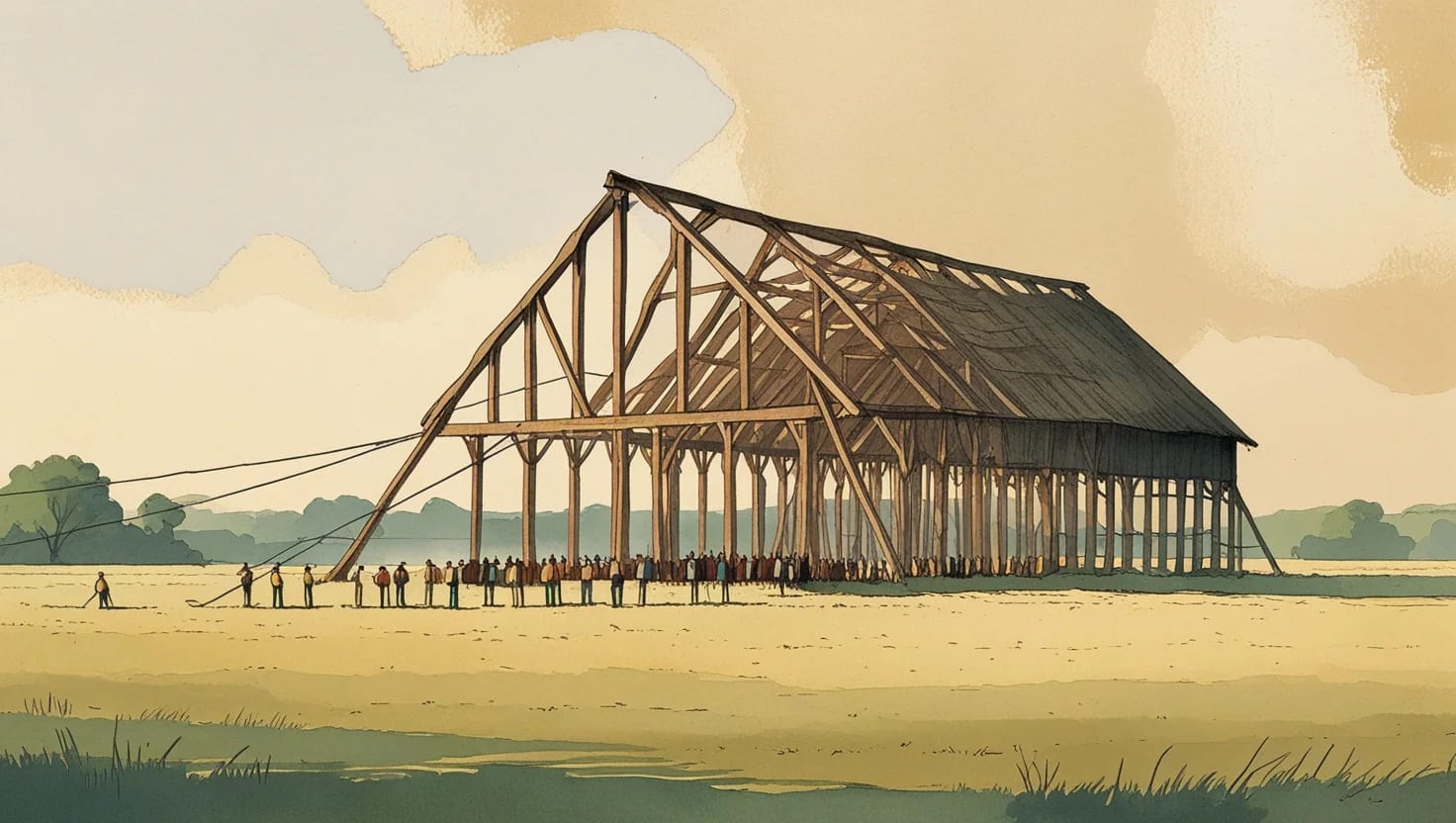 A community barn raising, the timber frame going up on the prairie