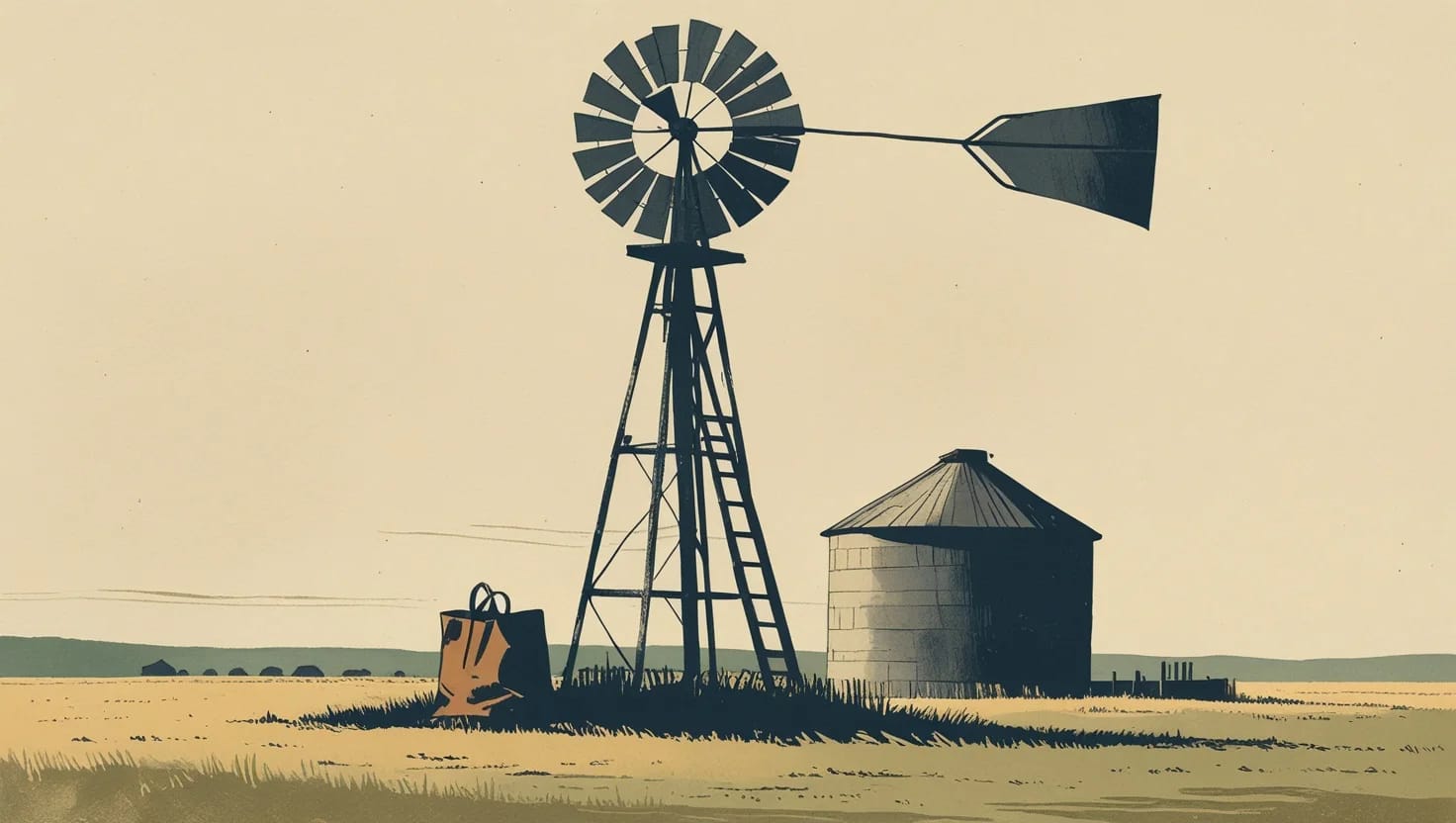 A prairie windmill with a ladder and tool bag at its base, a grain bin beside it