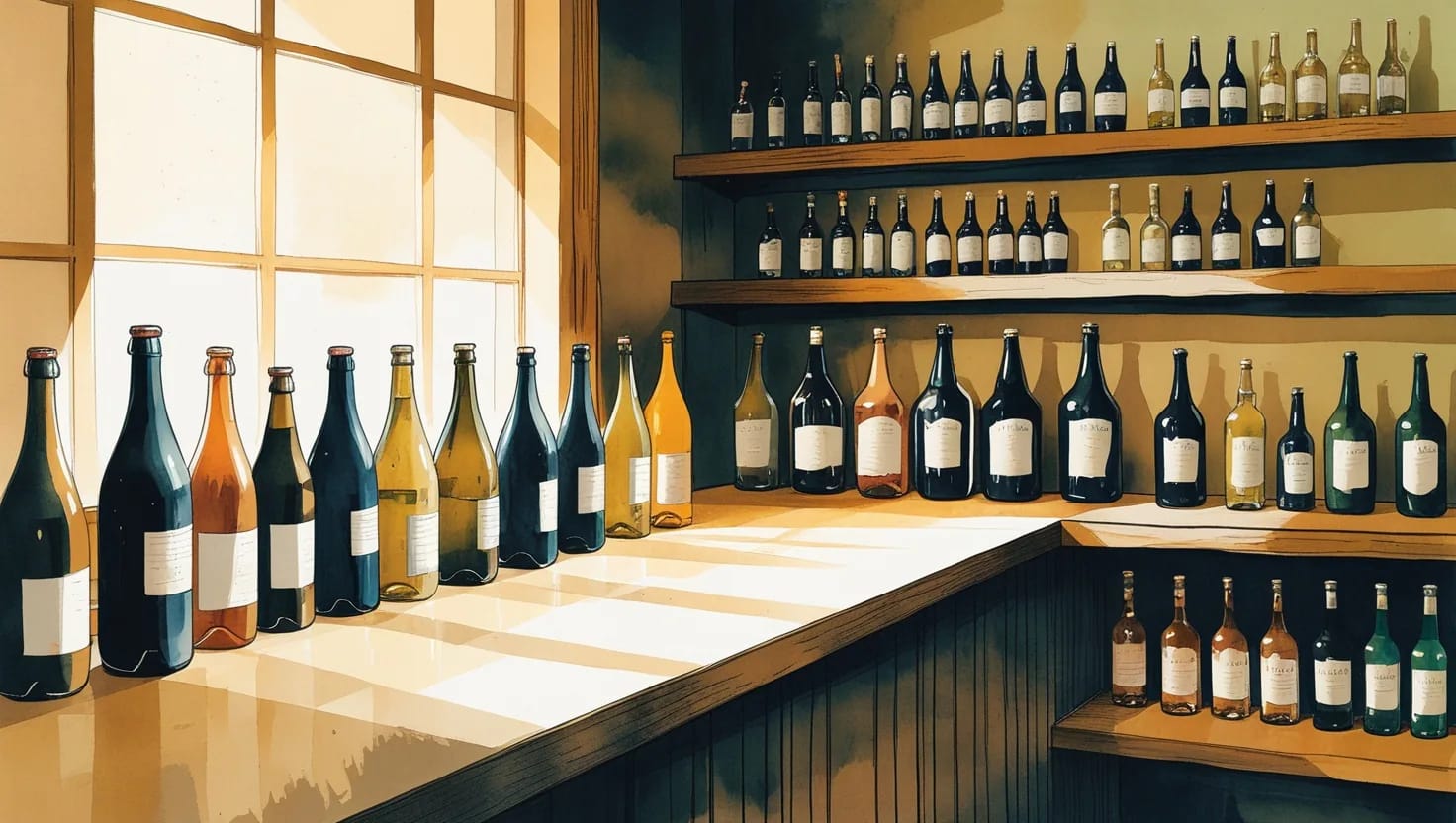 Illustration of a tasting room counter and shelves lined with craft bottles of different shapes in soft window light