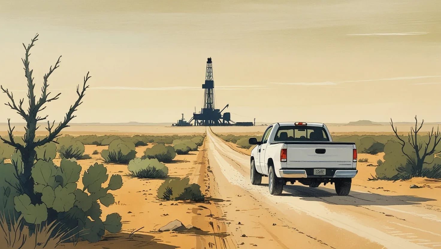 Illustration of a white pickup truck on a dirt lease road at dawn, heading toward a distant drilling rig across the flat Permian Basin