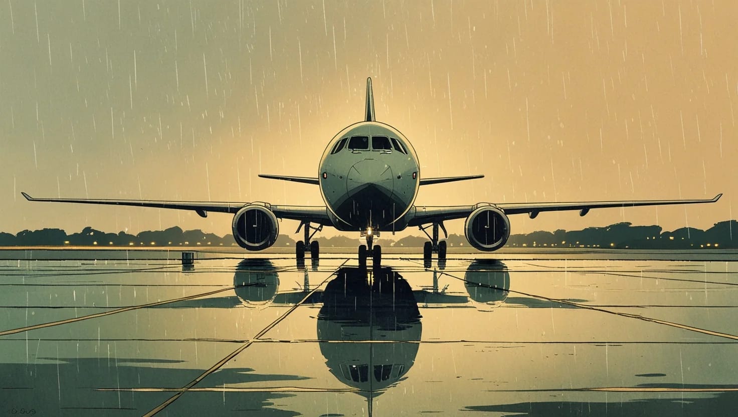 Illustration of rain falling on an airport apron at dusk, a parked jet reflected in the wet pavement
