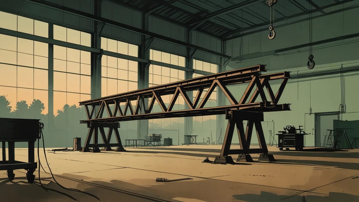 Illustration of a quiet steel fabrication shop at dusk, a finished truss section resting on stands under high windows
