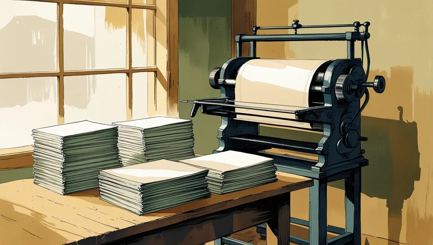 Illustration of a small printing press beside stacks of bound reports