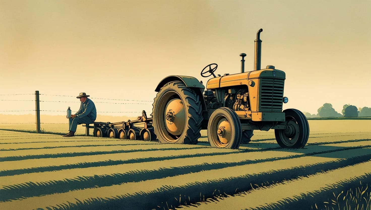 Illustration of a driverless tractor plowing a straight furrow while a farmer watches from a fence post with a thermos