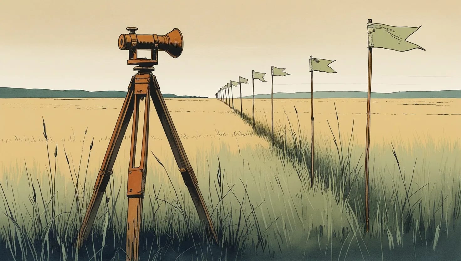 Illustration of a surveyor's tripod in prairie grass, a straight line of flagged stakes running to the horizon