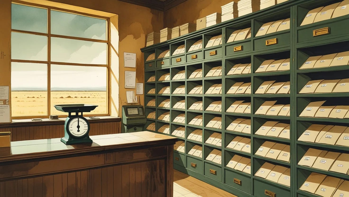 Illustration of a small-town post office wall of pigeonholes, every slot holding neatly sorted envelopes