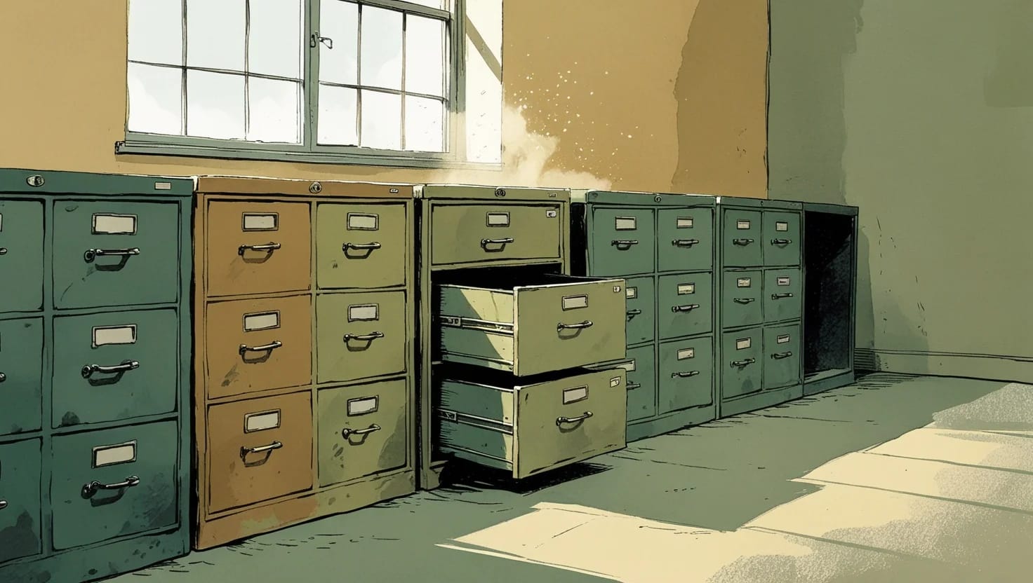 Illustration of old filing cabinets with an empty drawer pulled open