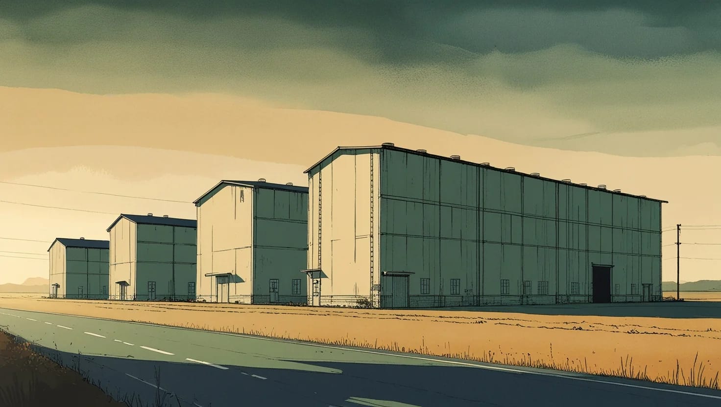 Illustration of a row of warehouses along a road on the plains at dawn